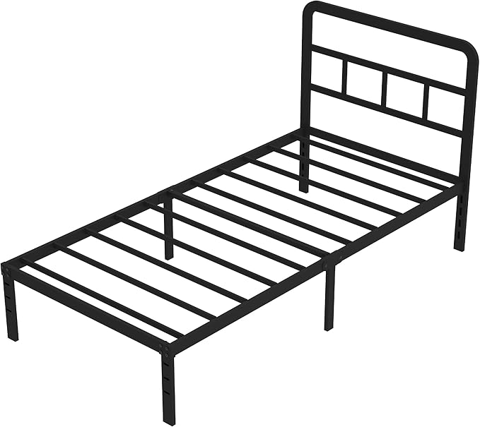 Metal Platform Twin Bed Frames with Headboard, 14 Inch No Box Spring Needed Heavy Duty Steel Slat Mattress Foundation/Easy Assembly/Noise Free/Black