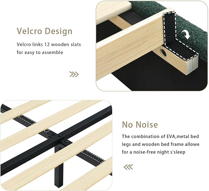 BarnFurin Twin Size Bed Frame, Boucle Upholstered Platform Bed Frame with Headboard, Modern Style, Soft Rounded Corners, No Box Spring Required, Easy Assembly, Green