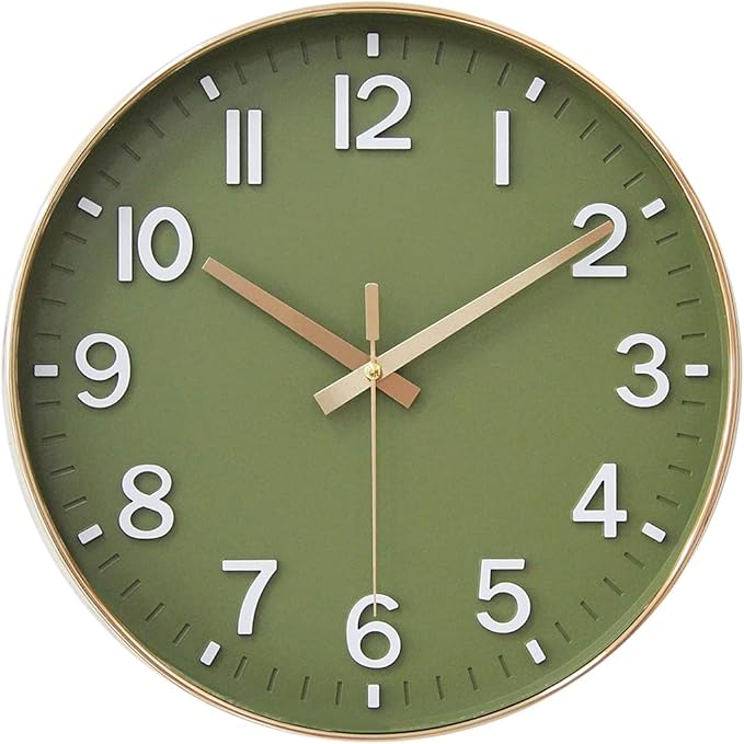 HZDHCLH Wall Clocks Battery Operated,12 inch Silent Non Ticking Modern Wall Clock for Living Room Bedroom Kitchen Office Classroom Decor (Olive Green and Gold)