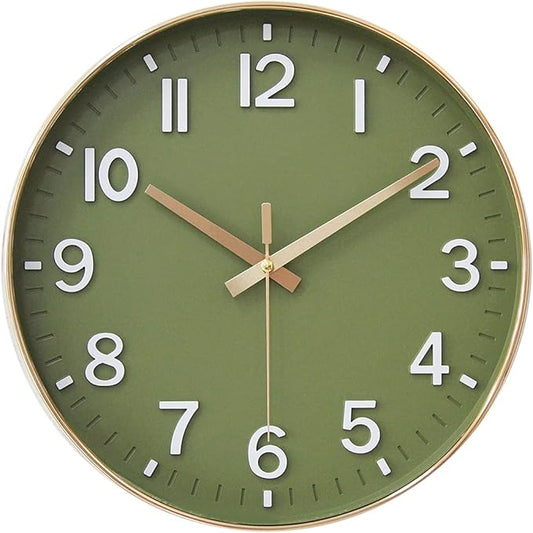 HZDHCLH Wall Clocks Battery Operated,12 inch Silent Non Ticking Modern Wall Clock for Living Room Bedroom Kitchen Office Classroom Decor (Olive Green and Gold)