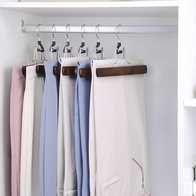 Nature Smile Wooden Pants Skirt Hangers, Smooth Finish Solid Wood Non Slip Jeans Slack Clamp Hangers Hair Extension Hangers (10 Pack Retro)…