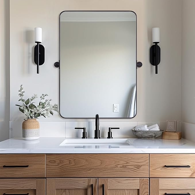 ANDY STAR 22"x34" Matte Black Pivot Mirror for Bathroom, Metal Frame Bathroom Mirrors for Wall，Rectangle Titling Vanity Wall Mirror with Rounded Corner Design Hangs Vertically Only