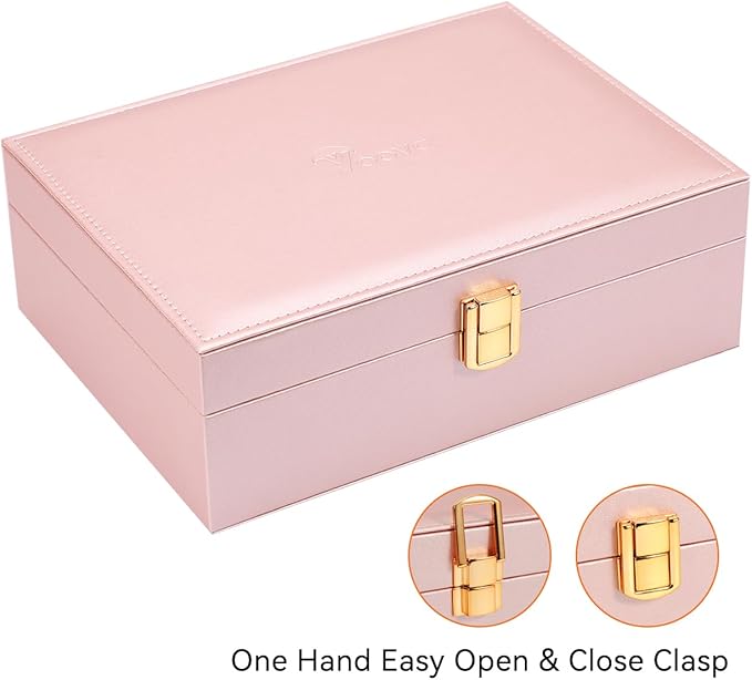 Voova Jewelry Box Organizer for Women Girls, 2 Layer Large Men Jewelry Storage Case, PU Leather Display Jewellery Holder with Removable Tray for Necklace Rings Bracelets,Vintage Gift,Rose Gold