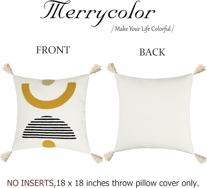 Merrycolor Boho Throw Pillow Covers with Tassels 18x18 Yellow Mid Century Modern Throw Pillows Geometric Decorative Abstract Pillow Cases Textured Boho Accent Pillows for Bed Couch Living Room,1PC