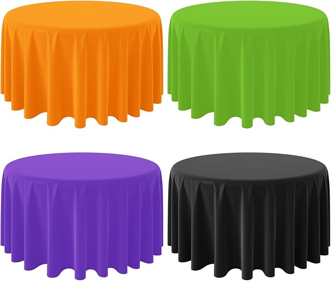 MASHAN 4Pcs Round Halloween Tablecloth Plastic Orange Black Purple Green Table Cloths Disposable Round Table Covers for Halloween Witch Vampire Party Decorations, 84inch