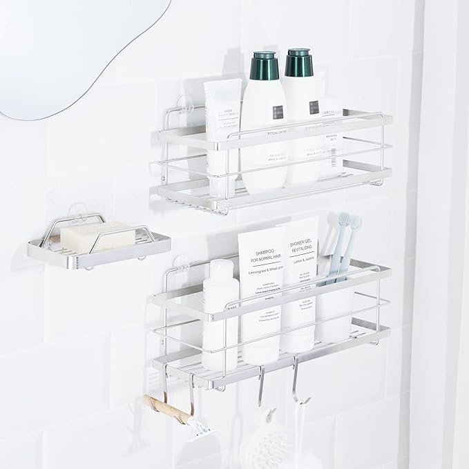 KINCMAX Premium Shower Caddy with Soap Holder, 2-Pack Adhesive Organizer, No Drill Bathroom Shelves, Rustproof Stainless Steel Shelves for Inside Shower, Storage Rack, Silver