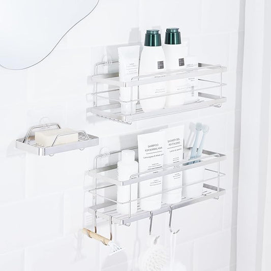 KINCMAX Premium Shower Caddy with Soap Holder, 2-Pack Adhesive Organizer, No Drill Bathroom Shelves, Rustproof Stainless Steel Shelves for Inside Shower, Storage Rack, Silver