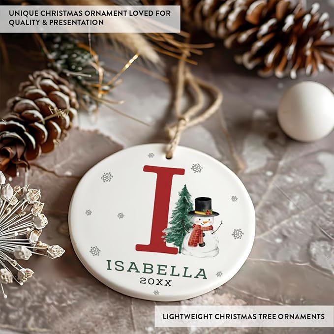 Andaz Press Personalized Ornament, Custom Name, Initial I Monogram Snowman 2.8" Ceramic Porcelain 2025 Christmas Ornament Keepsake for Kids, Boys, Girls, Includes Gold Ribbon & Gift Box, 1-Pack