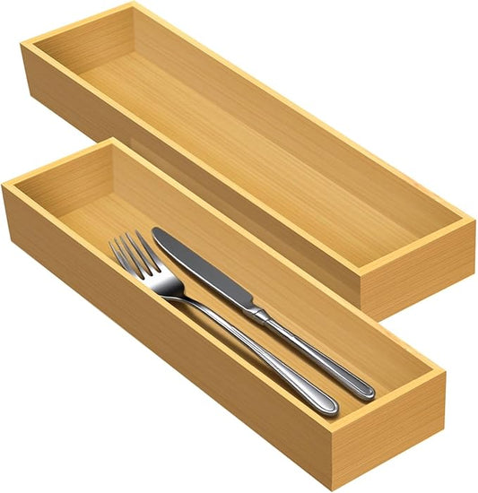 Bamboo Drawer Silverware Organizer, Flatware Organizers, Multi-purpose Bamboo Storage Box for Kitchen, Offices and Dressing table 11.5" x 3.15" x 1.8" (Set of 2)
