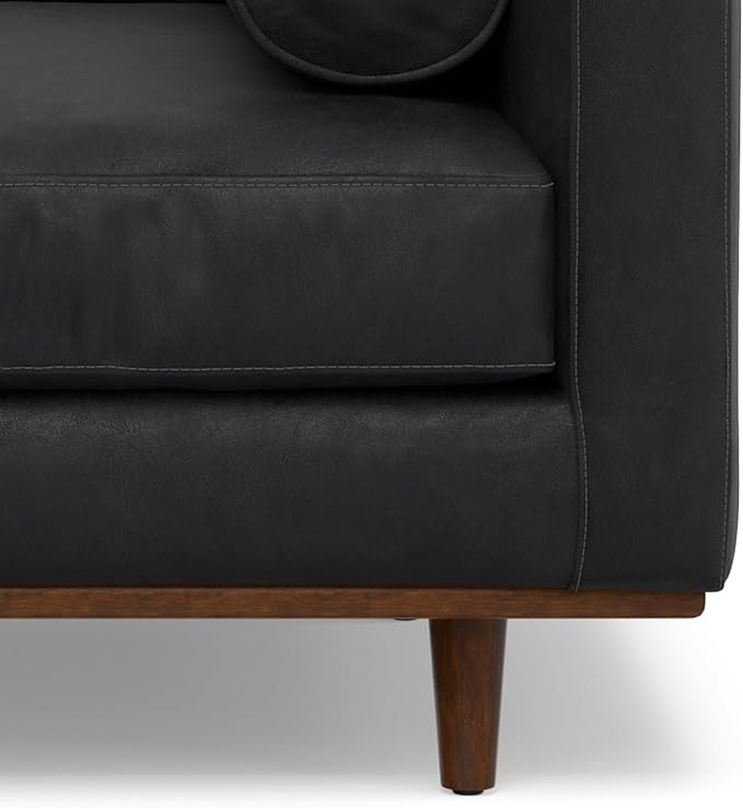 SIMPLIHOME Morrison Accent Chair - 43 inch Wide Upholstered Top Grain Genuine Leather Mid-Century Modern Arm Chair with Solid Wood Frame in Lead Black, for Living Room with 2 Bolster Pillows