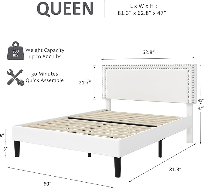VECELO Queen Size Bed Frame with Adjustable Upholstered Headboard, Wooden Slats Platform, Noise-Free Design, Easy Assembly