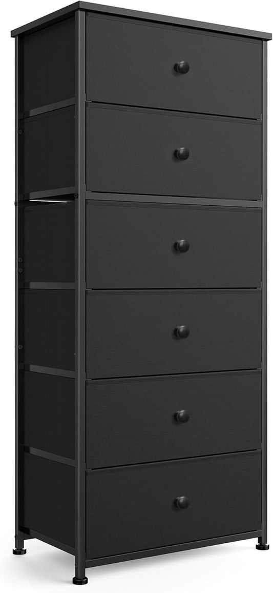 Tall Fabric Dresser for Bedroom, Vertical Storage Organizer Tower with 6 Drawers, Chest of Drawers with Bins, Steel Frame, Wood Top for Bedroom, Closet, Entryway Black