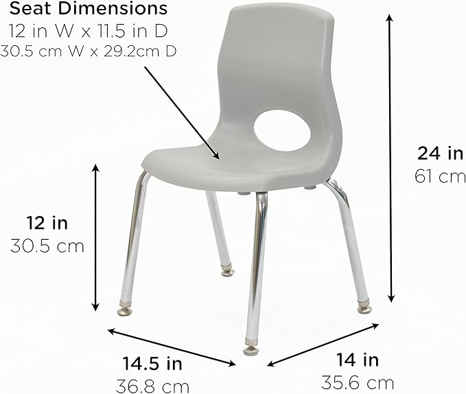 Children’s Factory MyPosture Plus 12" Chair, Gray with Chrome Legs, 2 Pack, Stackable Ergonomic Seating Solution for Classrooms and Homeschools