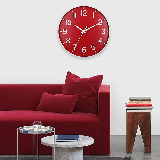 HZDHCLH Red Wall Clocks Battery Operated,12 inch Silent Non Ticking Modern Christmas Wall Clock for Living Room Bedroom Kitchen Office Classroom Decor