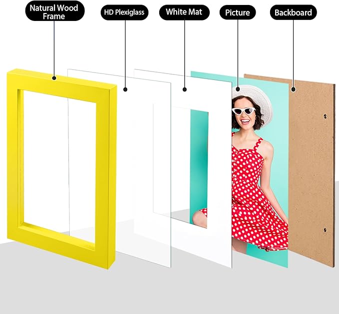 KINLINK 4x6 Picture Frames Yellow, Solid Wood Frames with Acrylic Plexiglass for 3.5x5 with Mat or 4x6 without Mat, Tabletop and Wall Display Photo Frame, Set of 4