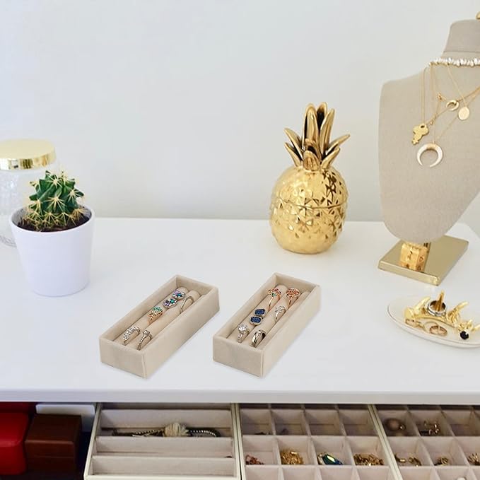 DesignSter Small Jewelry Tray, 2PCS Ring Organizer, Velvet Jewelry Display Tray, Stackable Jewelry Organizer Trays, Jewelry Drawer Organizer Inserts For Dresser, Jewelry Box (Beige)