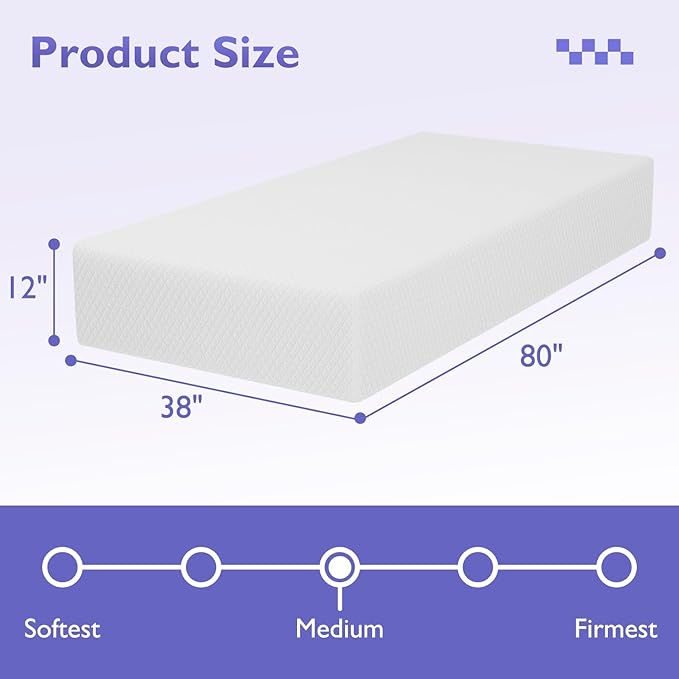 FDW 12 inch Gel Memory Foam Mattress Medium Firm Mattresses for Cool Sleep Relieving Pressure Relief CertiPUR-US Certified Mattress in a Box,Twin XL