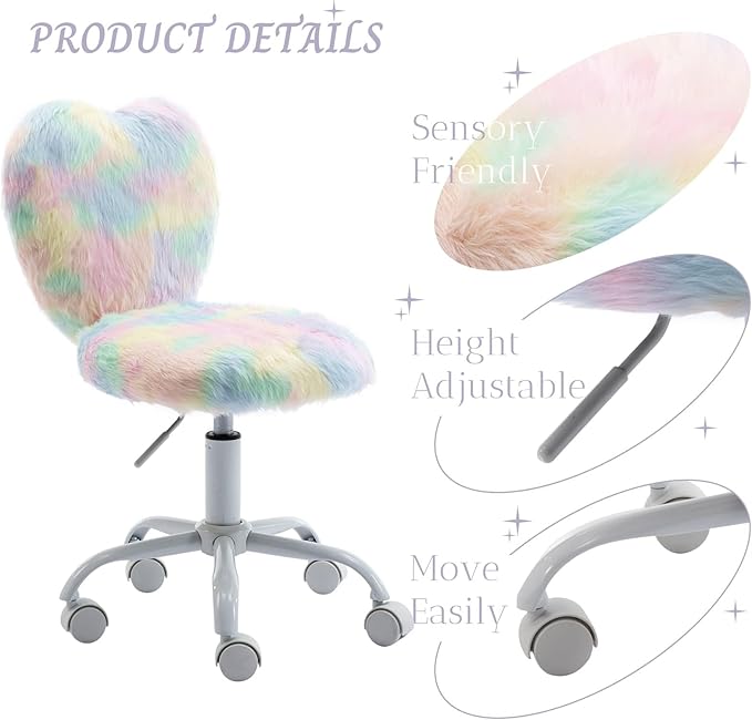 Cute Fuzzy Kids Chair for Teenage Girls Rolling Study Desk Student Chair Furry Computer Task Chair, Adjustable Heart Shaped Reading Vanity Chair for Bedroom, Various