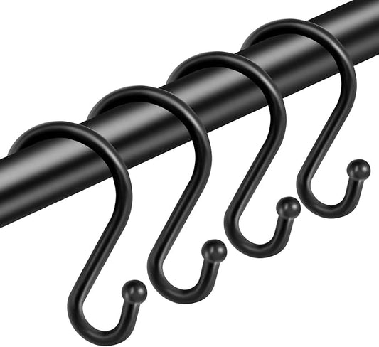 Shower Curtain Hooks Rings, Stainless Steel S Shaped Shower Hooks Rust Proof, Metal Shower Curtain Hangers for Shower Curtains, Kitchen, Wardrobe & Garden, Matte Black, Set of 12
