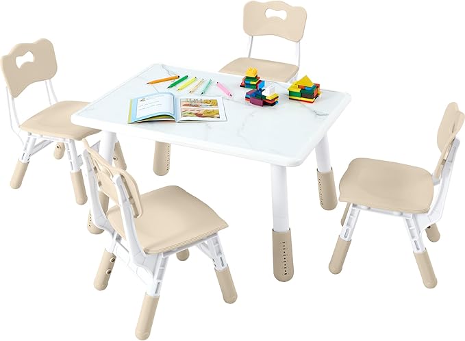 Toddler Table and Chair Set for Ages 3-8, Adjustable Kids Table and Chairs for Reading,Drawing, Eating, Children Activity Table with Graffiti Tabletop for Daycare/Classroom/Home/Preschool