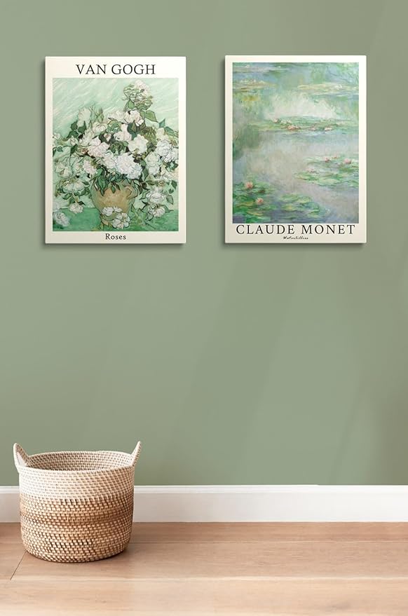 MINI ZOZI Sage Green Canvas Framed Wall Art Set Of 3 Matisse Van Gogh Monet Flower Prints 12x16 Wall Decor Large Mid Century Modern Aesthetic Over Bed Poster Painting Master Bedroom Living Room