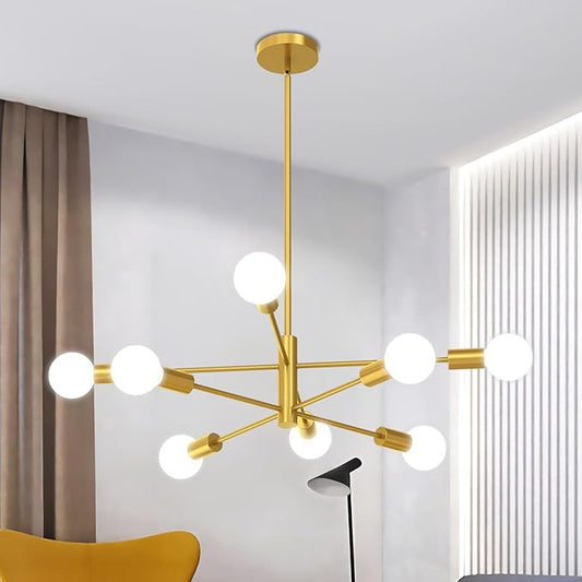 Modern Chandelier Ceiling Light Fixture, 53InchH Sputnik Chandeliers for Dining Room Hanging Light Fixtures Over Table Height Adjustable for Bedroom Kitchen Island Foyer 8-Light Gold