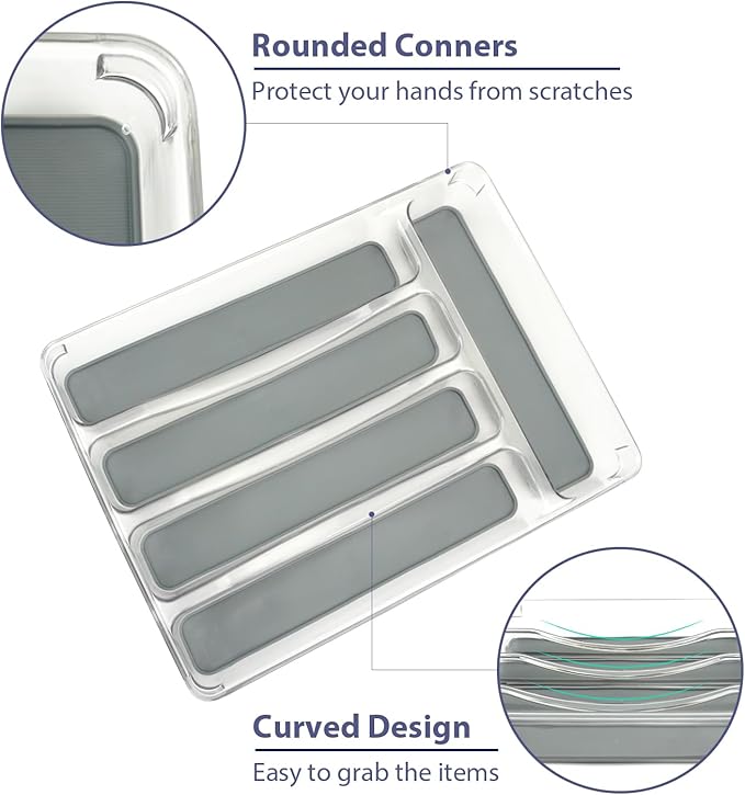 5 Compartments Silverware Tray for Drawer, Plastic Utensil Cutlery Drawer Organizer w/Grip Lining (Clear&Grey)