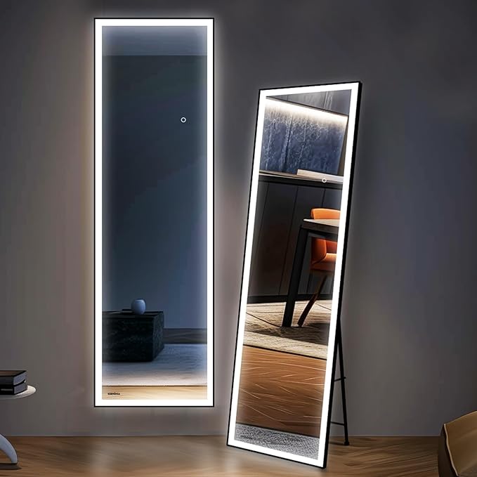 56"x18" Full Length Tempered Glass LED Mirror with Lights, 3 Color Modes & Dimmable Brightness, Wall Mount/Standing/Lean-On Floor Mirror for Bedroom, Vanity, Dressing Room