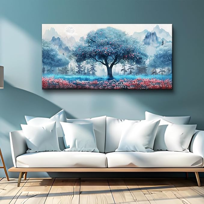 MHARTK66 Canvas Wall Art For Living Room Wall Decor For Bedroom Office Decorations Blue Tree Landscape Wall Paintings Farmhouse Pictures Artwork Room Home Decor Ready To Hang Posters 40"X20"