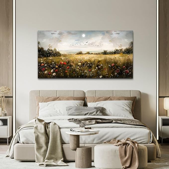 Wapluam Wall Decor For Living Room Canvas Wall Art For Bedroom Wildflower Field Vintage Wall Art Canvas Prints Paintings Farmhouse Artworks Pictures Modern Bathroom Aesthetic Home Wall Decor 40"X20"