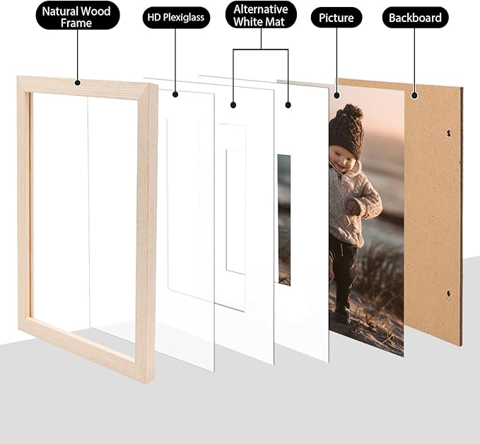 KINLINK 8x10 Picture Frame White Oak, Solid Light Wood Frames with Acrylic Plexiglass for Pictures 4x6/5x7 with Mat or 8x10 without Mat, Tabletop and Wall Display, Set of 4