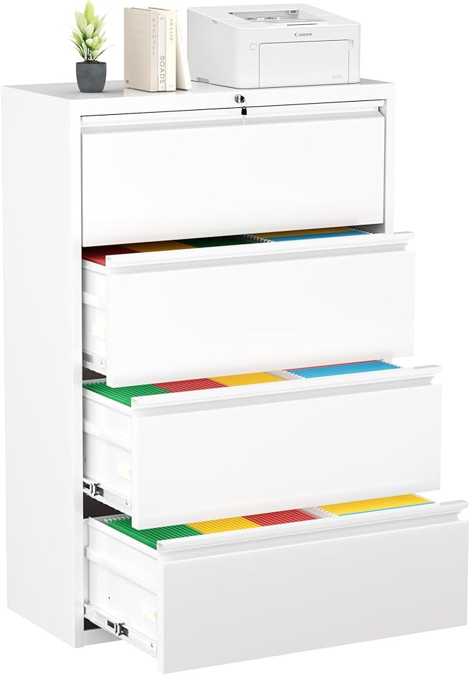Greenvelly 4 Drawer File Cabinet with Lock, Lateral Filing Cabinets for Home Office, Lockable Metal Lateral File Cabinet, Wide Office File Cabinets with Hanging Files&Key for Letter/Legal/F4/A4