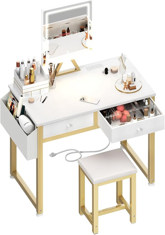 Lufeiya Small Makeup Vanity Desk with Mirror and Light, 32 inch White Vanity Desks Sets with Fabric Drawers for Girls Teen, Dressing Table and Chair Set with Power Outlet for Bedroom, White Gold