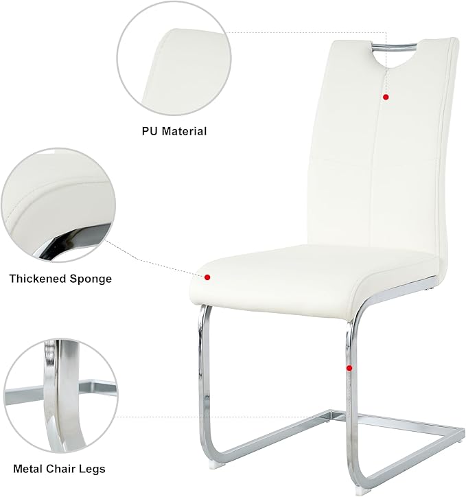 Goujxcy Modern Glass Dining Table Set for 4, Glass Silver Kitchen Table and Chairs Set, 5 Piece Dining Room Table Set with 51" Rectangle Dinner Table and 4 White Leather Dining Chairs