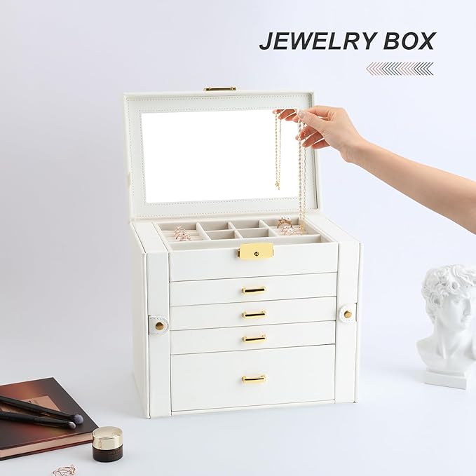 Jewelry Holder Organizer, Large Jewelry Boxes for Women, 5 Layers 4 Drawers Jewelry Box with Handle Jewelry Organizer for Earrings Rings Necklaces Bracelets, White