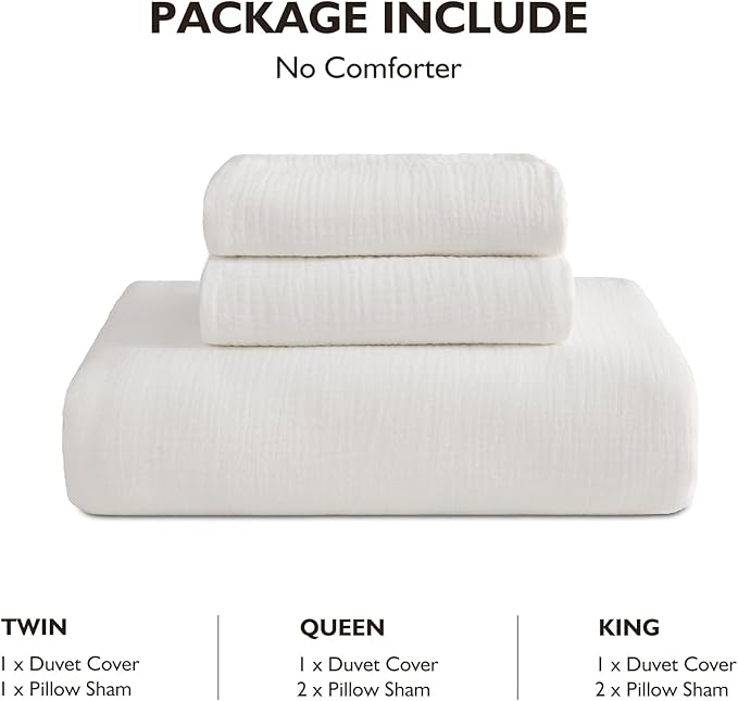 EMME Muslin Cotton Duvet Cover Set Cream White Queen Size Linen Like Soft Breathable Lightweight Summer Comforter Cover Set with Zipper Closure (Cream White, Queen, 90"x90")