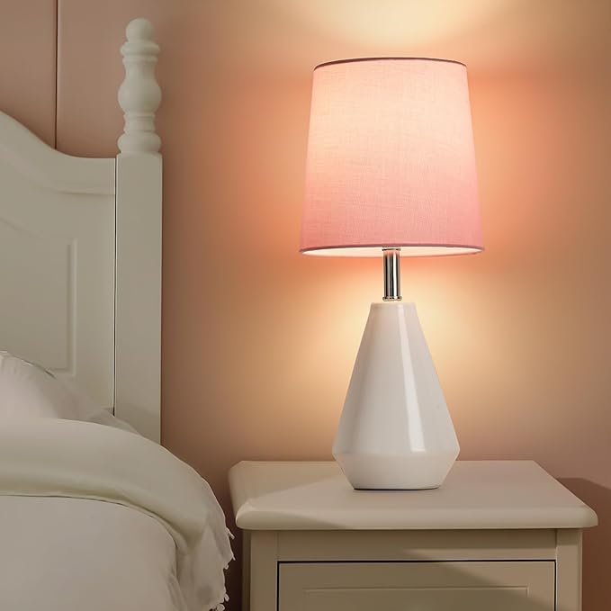 Small Bedside Table Lamp for Bedroom - Reading Desk Lamp with 3 Color Temperatures，15.5" Nightstand Ceramic Lamp with Fabric Shade for Kids Room,Living Room,Dorm,Home Office (White+Pink)