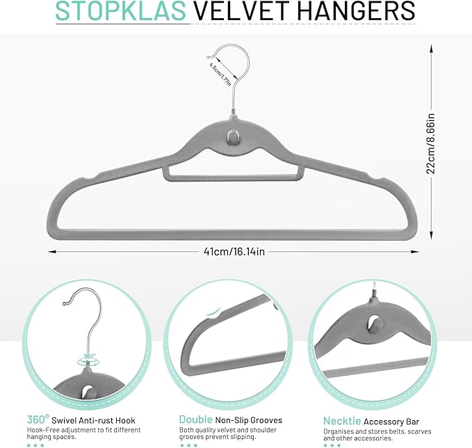 Velvet Hangers 30 Pack, STOPKLAS Grey Clothes Hangers Non Slip Felt Hanger with 360° Swivel Hook, Thin Hangers Space Saving, Heavy Duty Closet Hanger for Clothes, Coats, Suits, Dress, Pants