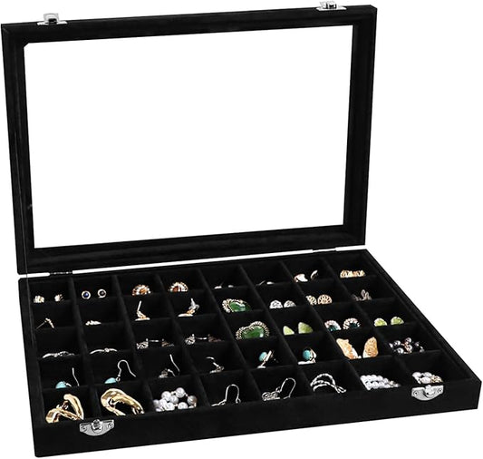 Wudygirl 40 Grid Jewelry Organizer Tray for Earrings Rings Bracelets Storage Necklaces Display Large Jewelry Box with Clear Lid Multiple Compartments Drawer Organization (Black Velvet)