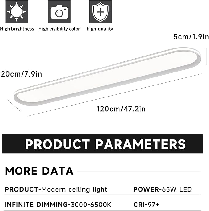 47.1 Inch Dimmable Metal LED Ceiling Light,Slim, Edge Lit - 65W Full Spectrum Linear Ceiling Lamps,3000-6500K Modern Ultra Thin Low Profile Light Fixture for Kitchen, Home & Office Hallway
