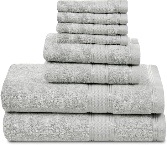 Casa Lino Bath Towel Set of 8 (2 Bath Towels, 4 Wash Cloths & 2 Hand Towels for Bathroom) - 100% Cotton - Highly Absorbent & Quick Dry - Guest Room Essentials for Bathroom Set - (Silver Grey)