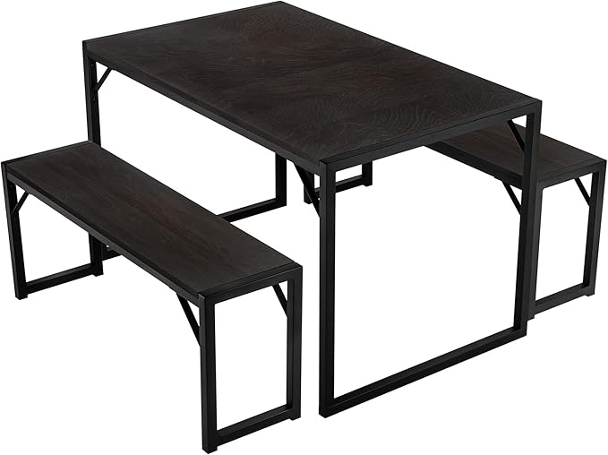 SHA CERLIN Kitchen Dining Table Set for 4 with Benches, Rustic Small Space Saving Dinette, Heavy Duty Metal Frame