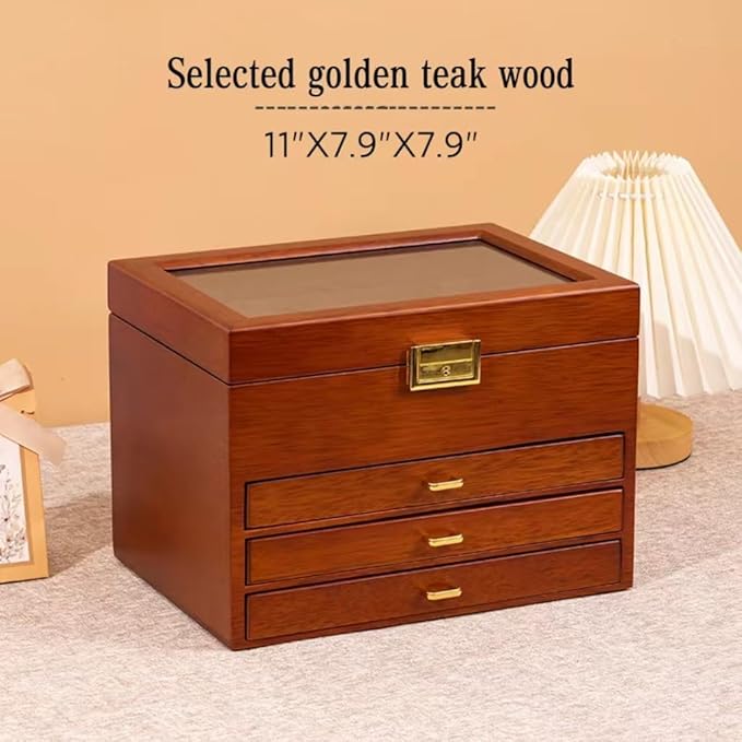 Bescott 5 Layer Solid Wooden Jewelry Box with Lock and Key for Women Men Vintage Velvet Wood Jewelry Organizer Storage for Earrings Rings Necklaces Bracelet Watch Mother’s Day Gift