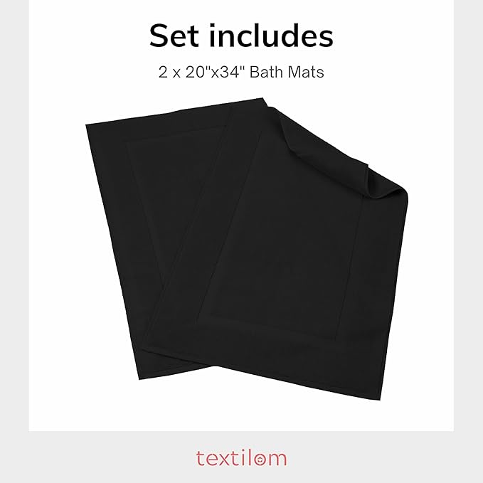 TEXTILOM Luxury 2 Pack Banded Cotton Bath Mats for Bathroom Floor [ Hotel, Spa, Tub, Shower Bath Mat Floor Towel Set ], Machine Washable & Soft & Absorbent & Quick Dry (20''x34'')- Black