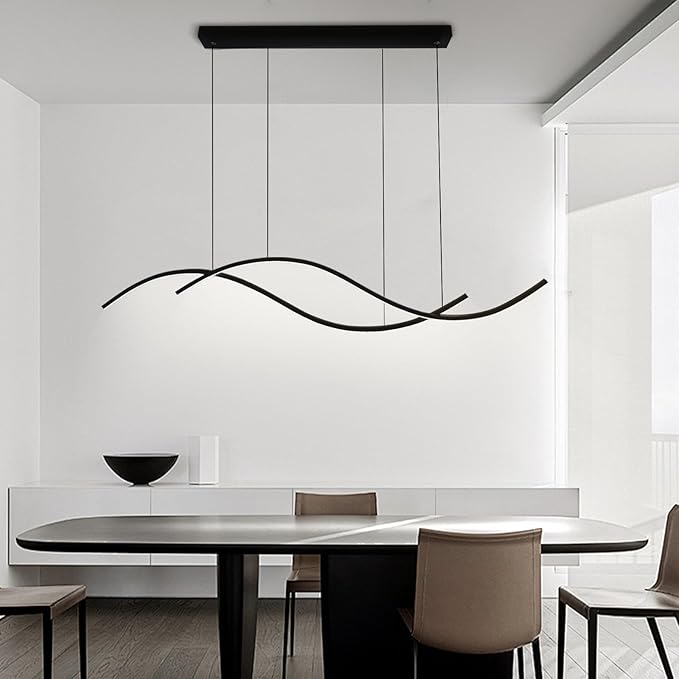 Modern Led Pendant Light, Dimmable Black Led Chandelier for Dining Room Light Fixture Over Table Creative Wave Pendant Light for Kitchen Island, Dining Room, Bedroom