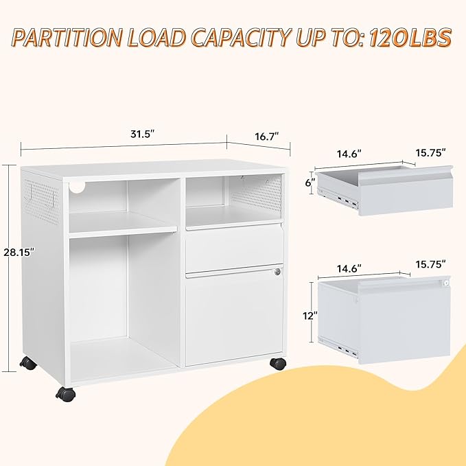 SISESOL 2 Right Drawers File Cabinet with Lock, Mobile Lateral Filing Cabinet for Legal/Letter A4 Size, Metal File Organizer Storage Cabinet with Open Storage Shelves for Home Office (White)