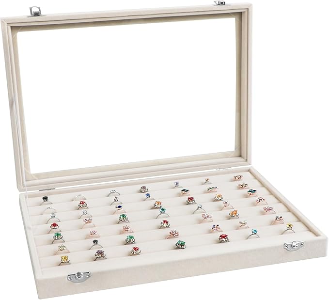 Wudygirl Ring Display with Clear Lid Organizer and Showcase Rings Box with 7 Slots Jewelry Tray for Drawer Velvet Rings Holder Accessories Storage (Beige Velvet)