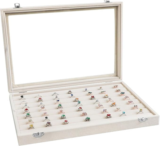 Wudygirl Ring Display with Clear Lid Organizer and Showcase Rings Box with 7 Slots Jewelry Tray for Drawer Velvet Rings Holder Accessories Storage (Beige Velvet)