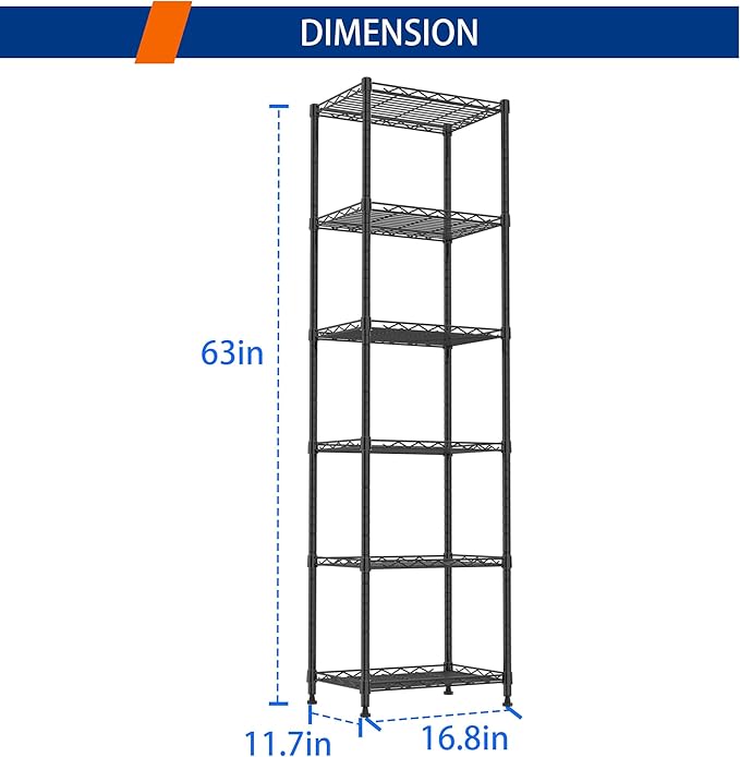 REGILLER 6 Wire Shelving Steel Storage Rack Adjustable Unit Shelves for Laundry Bathroom Kitchen Pantry Closet(Black,11.7" D x 16.8" W x 63" H)