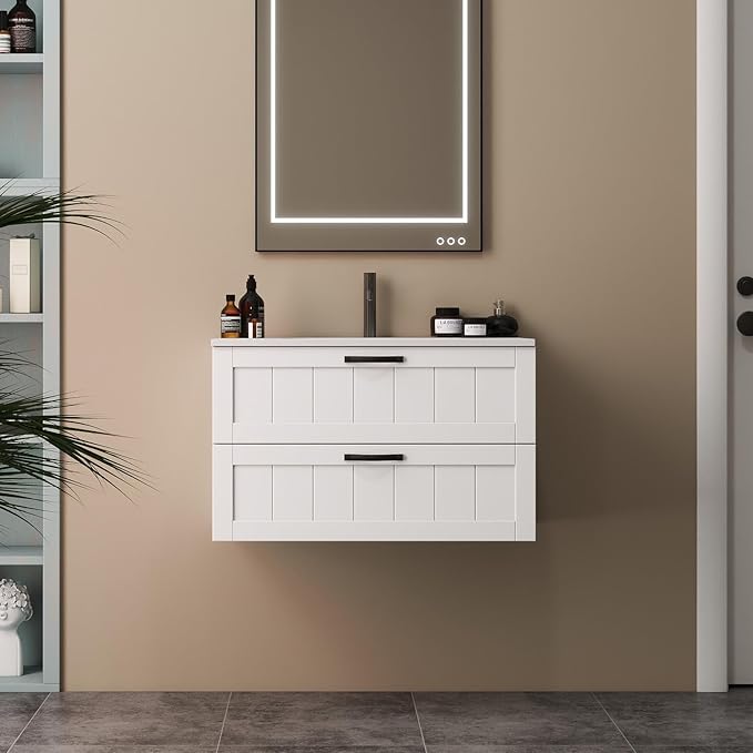 Goujxcy 31.5" Wall Mounted Bathroom Vanity with Sink, Modern Floating Bathroom Cabinet with Ceramic Sink & Double Drawers, Wood Hanging Bath Room Cabinet with Soft-Close System (White)